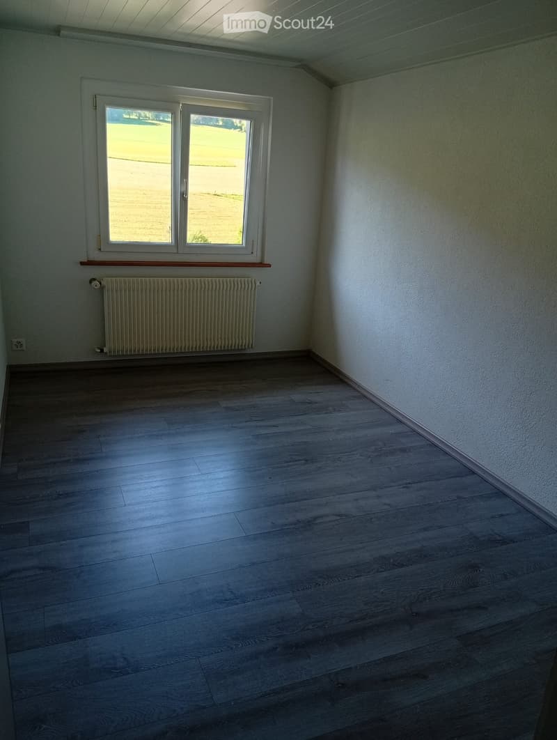 Empty room with wooden flooring, white walls, a window with a view of a green area, and a radiator below the window.