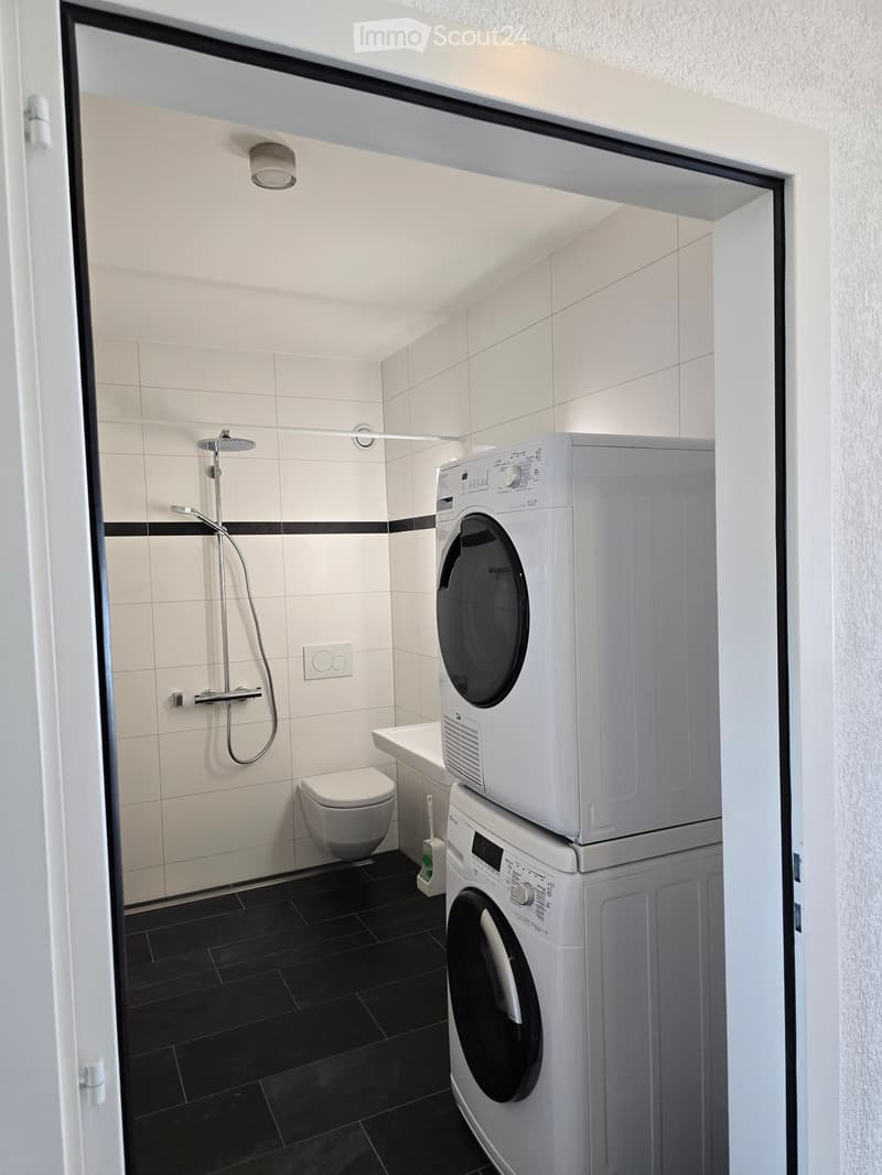 Modern bathroom with white tiles, black floor, toilet, shower, washing machine, and dishwasher.