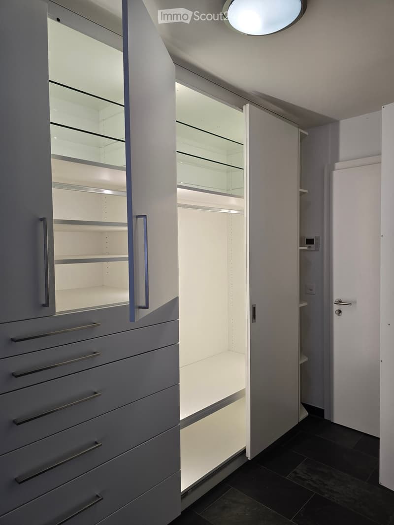 Modern, empty walk-in closet with built-in storage units, glass-fronted shelves, and drawers. The space features sleek, grey cabinetry with metallic handles and a dark tiled floor.