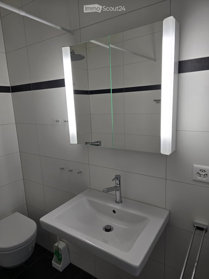 Modern bathroom with a white sink, chrome faucet, large mirror with built-in lighting, toilet, and a showerhead visible in the reflection.