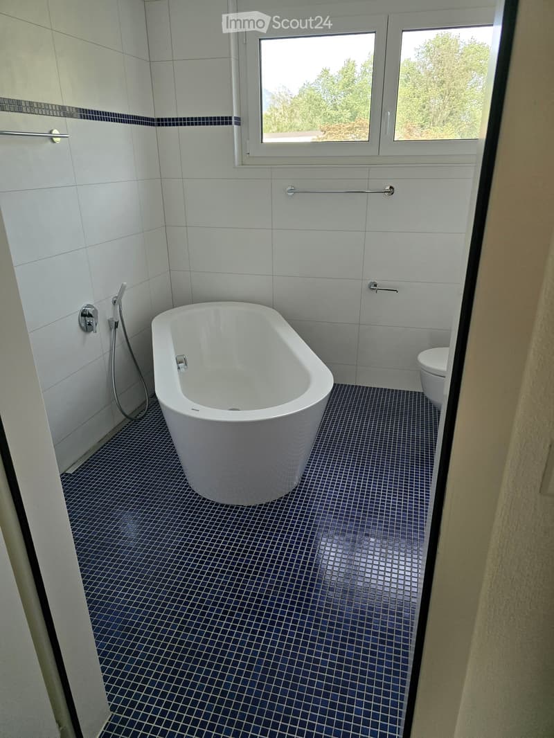Modern bathroom with a freestanding bathtub, toilet, and shower hose. Blue tiled floor and white tiled walls with a decorative border.