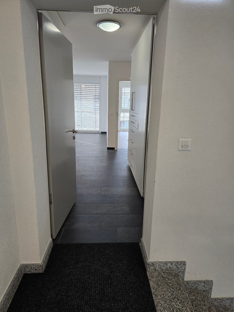 Clean, modern hallway with dark tiled floor, white walls, and a ceiling light. Features a partially open door leading to another room and a staircase with granite steps.