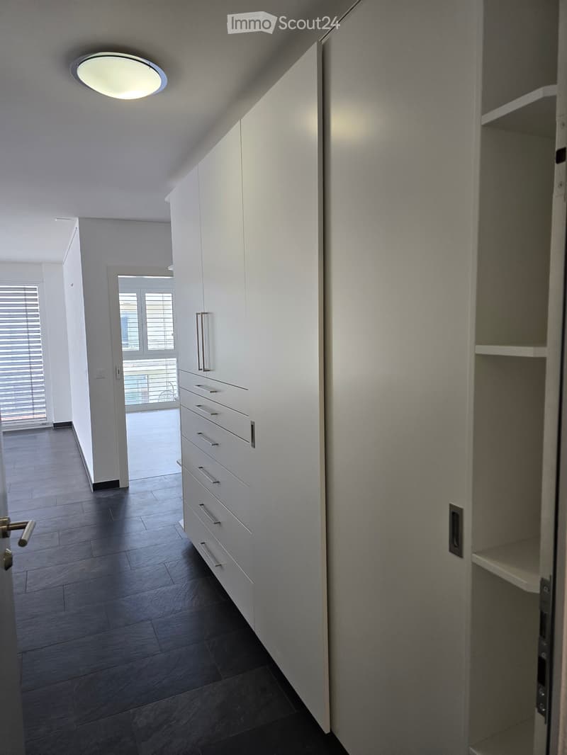 Modern hallway with sleek white cabinetry, dark wooden flooring, and recessed lighting. Features a built-in storage unit with drawers and shelves, and a door leading to a balcony area.