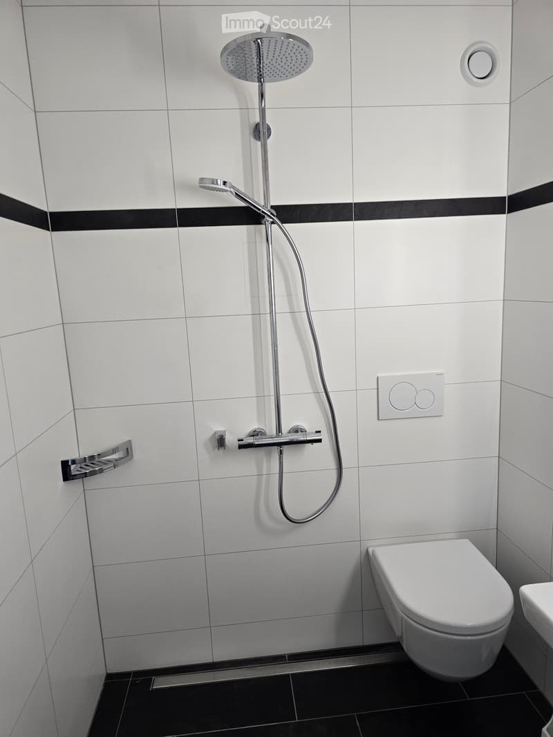 Modern bathroom with white tiles, black accents, a toilet, a showerhead with a flexible hose, and a towel rack.