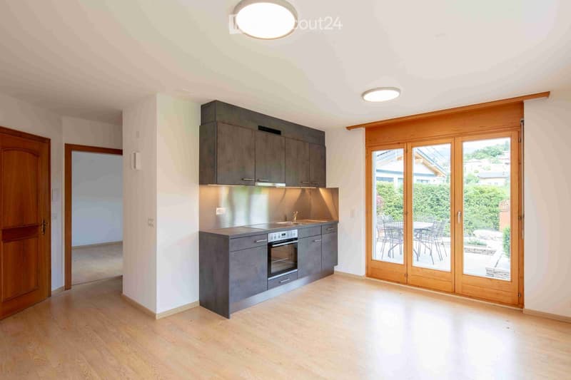 Modern kitchen with grey cabinets, stainless steel oven, sink, and faucet, large wooden sliding doors leading to outdoor area.