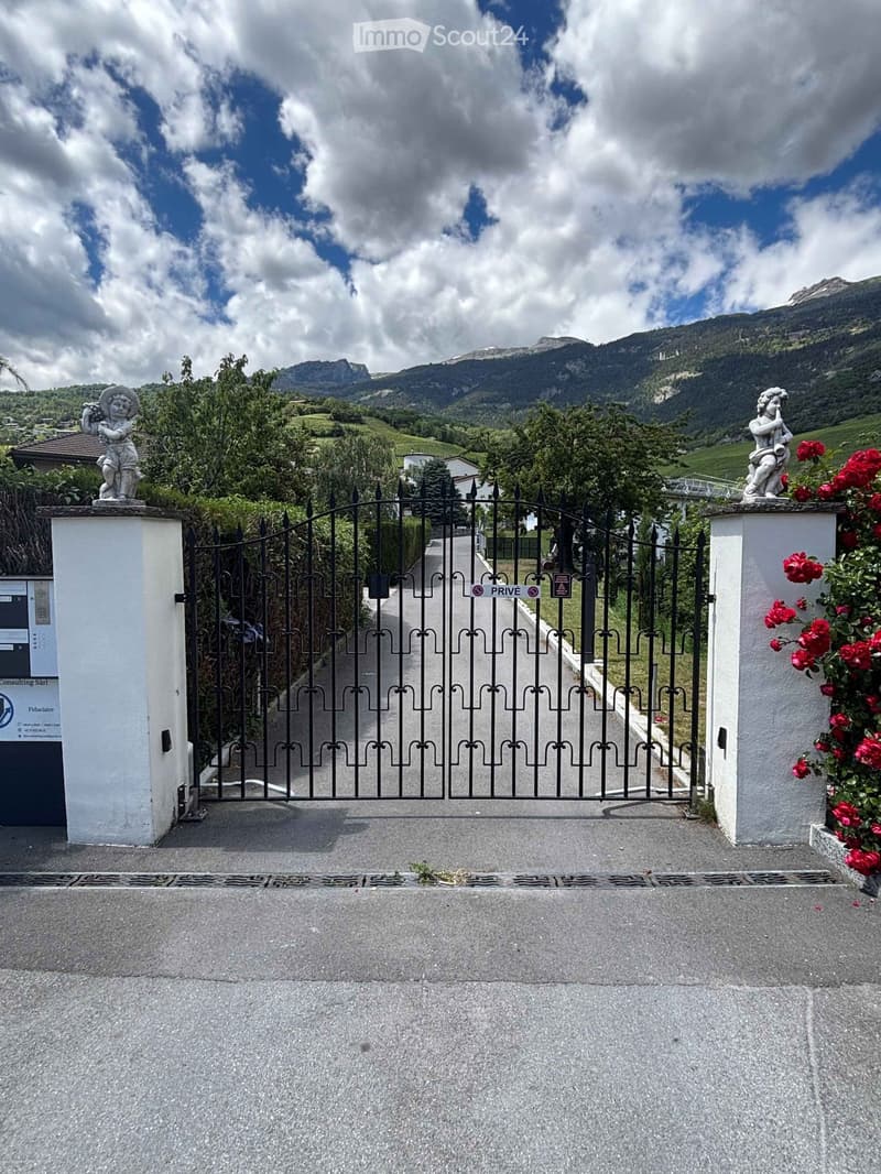 A large gated entrance with ornate black metal gates, flanked by white stone pillars with decorative statues and red flowers, leading to a driveway with a scenic mountain backdrop.