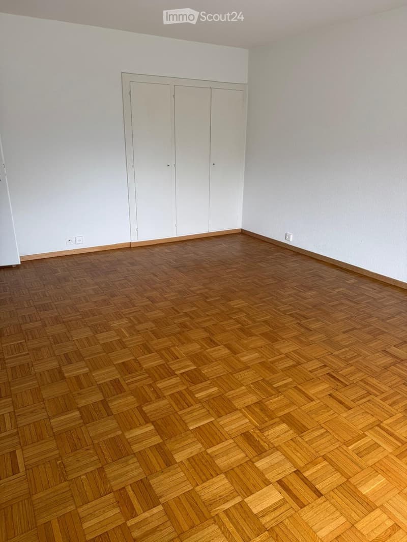Empty room with wooden parquet flooring and white walls, featuring a set of white double doors.