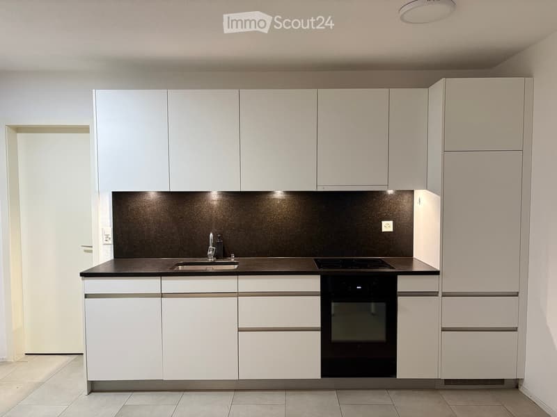 Modern kitchen with white cabinets, dark countertop, sink, faucet, and built-in oven.