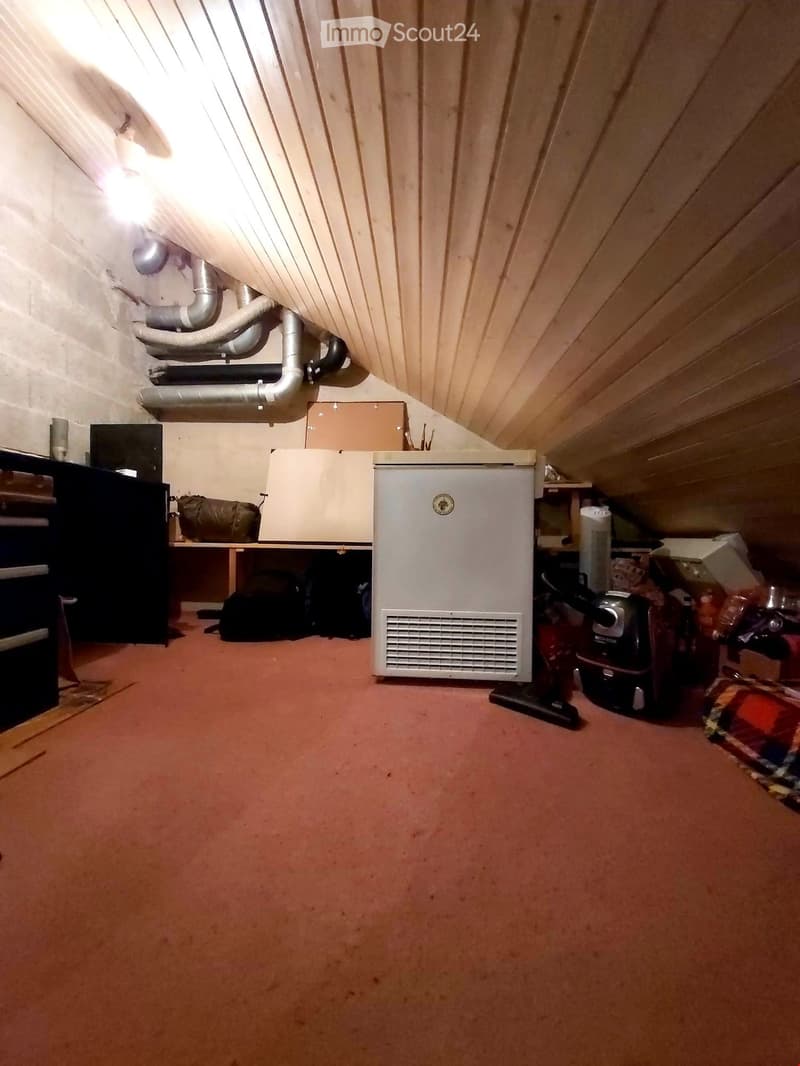 An attic space with a slanted wooden ceiling, carpeted floor, and various stored items including a refrigerator, vacuum cleaner, and storage boxes.