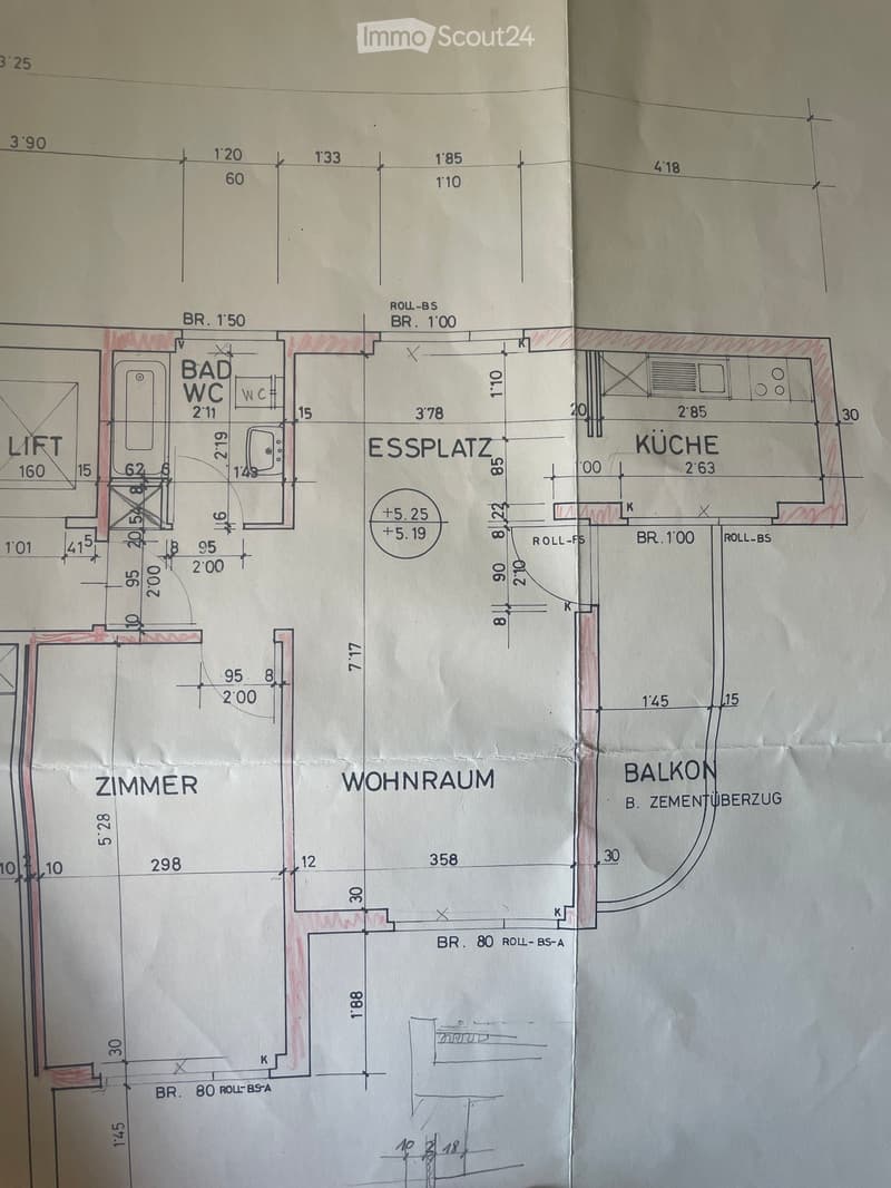 Floor plan showing a living room, kitchen, bedroom, bathroom, and balcony.