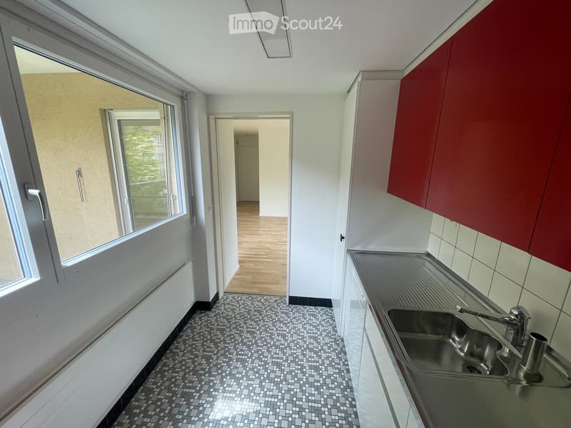 Modern kitchen with stainless steel sink, red cabinets, tiled floor, and large windows offering a view of greenery.