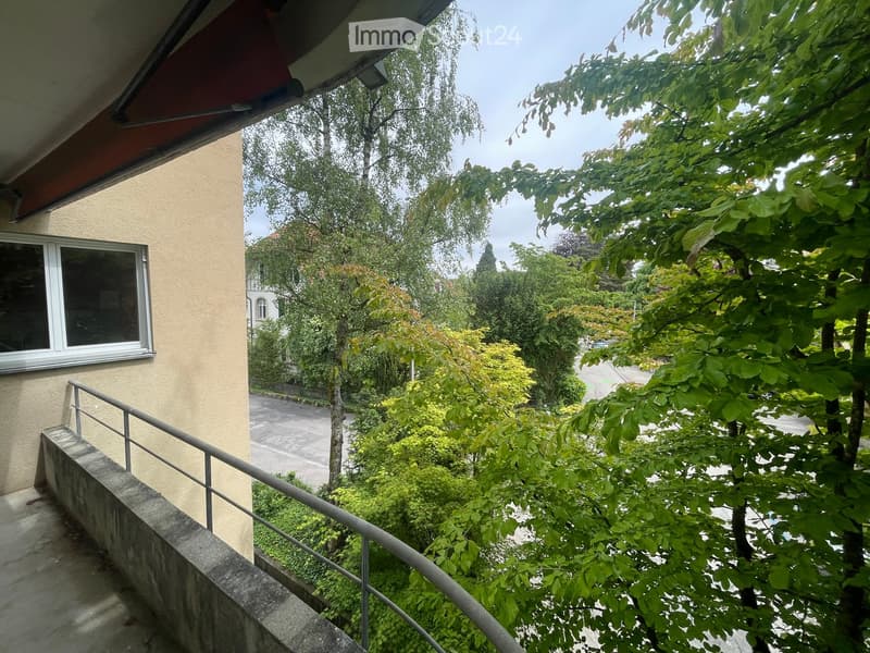 Balcony overlooking a green area with trees and a road, featuring a metal railing and a window on the left side.