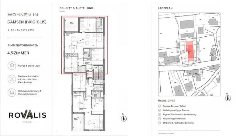 Floor plan showing a 4.5-room apartment layout with labeled rooms including living room, bedrooms, bathrooms, and kitchen. Includes a site plan of the property location.