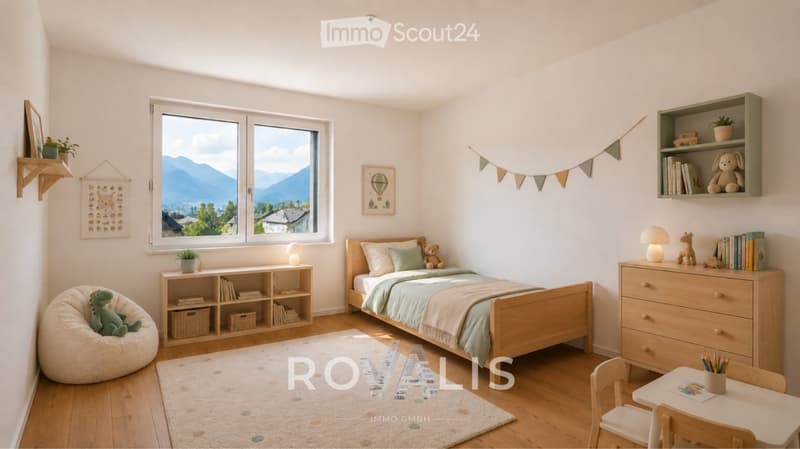 Bright, child-friendly bedroom with a single bed, a small table and chairs, shelves, a beanie chair, and a view of mountains through large windows.