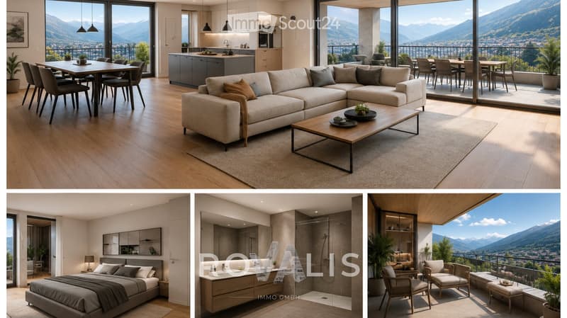 Modern, open-concept living and dining area with a sectional sofa, coffee table, dining table, and chairs. Kitchen features a central island with pendant lights. Bedroom includes a large bed and nightstand. Bathroom has a modern sink and glass-enclosed sh
