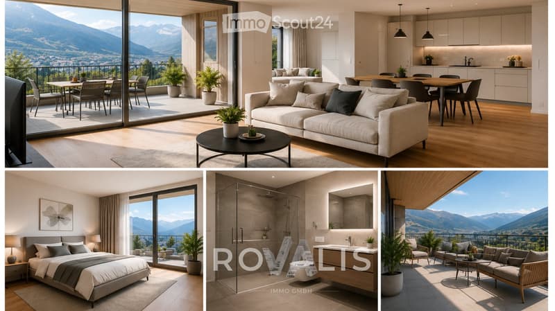 Modern furnished living room, kitchen, and bedroom with large windows offering mountain views, featuring a sofa, coffee table, dining area, kitchen, and bedroom with a bed and nightstand.