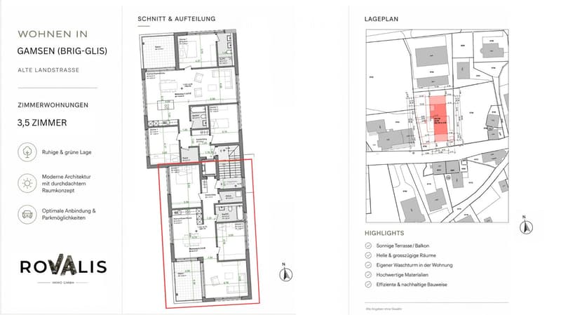 Floor plan of a 3.5-room apartment in Gamsen (Brig-Glis), showing layout with living room, kitchen, bedrooms, bathrooms, and balcony.
