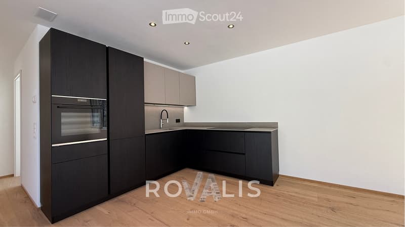 Modern kitchen with dark wooden cabinets, stainless steel oven, sink, and faucet, light-colored countertops, and wooden flooring.
