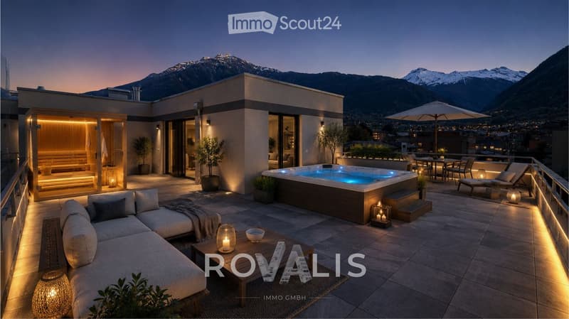 A luxurious rooftop terrace with a hot tub, seating area, dining table, and stunning mountain views.