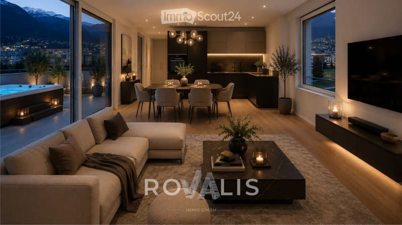 Modern living and dining area with a sectional sofa, coffee table, dining table with chairs, kitchen island, large windows offering a cityscape view, and decorative plants.