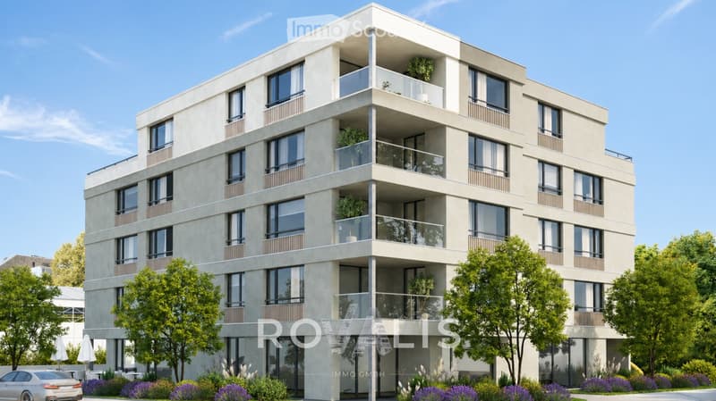 Modern multi-story residential building with balconies, large windows, and surrounding greenery.
