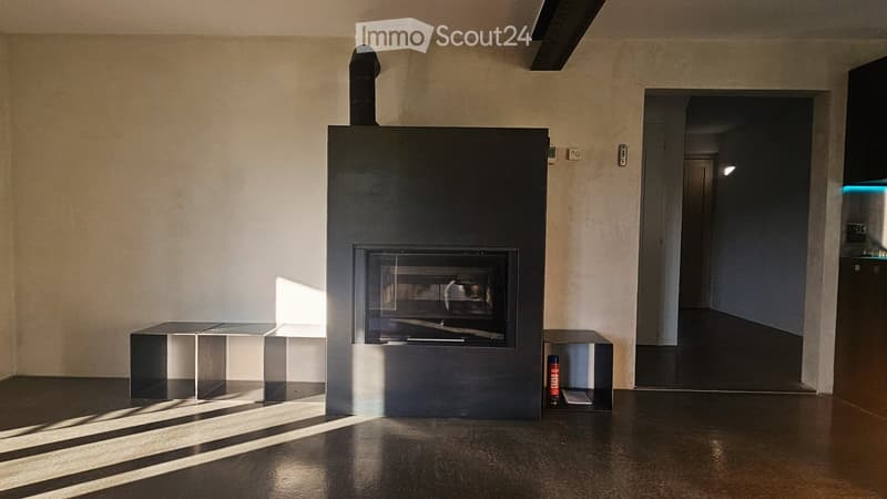 Modern living room with a sleek black fireplace, two minimalist stools, and a dark polished floor.