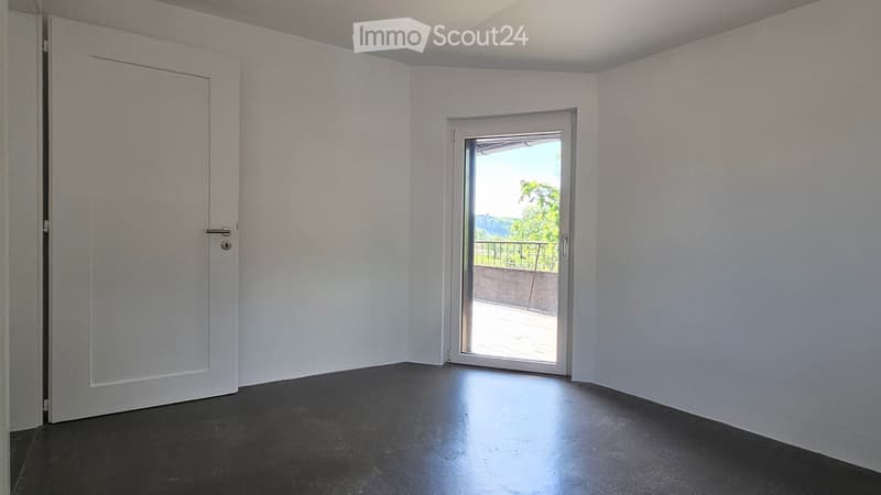 Empty room with white walls, dark floor, and a sliding glass door leading to a balcony with a view of greenery.