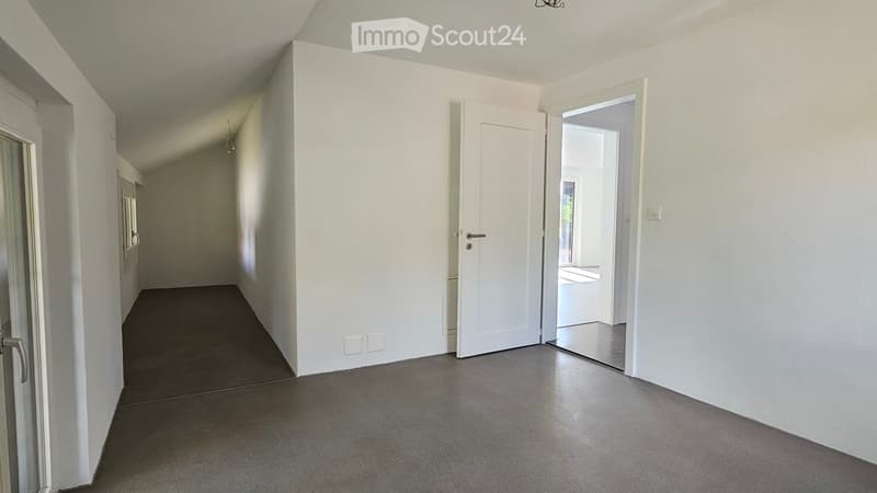 Empty hallway with white walls, grey carpeted floor, and two white doors, one leading to another room.