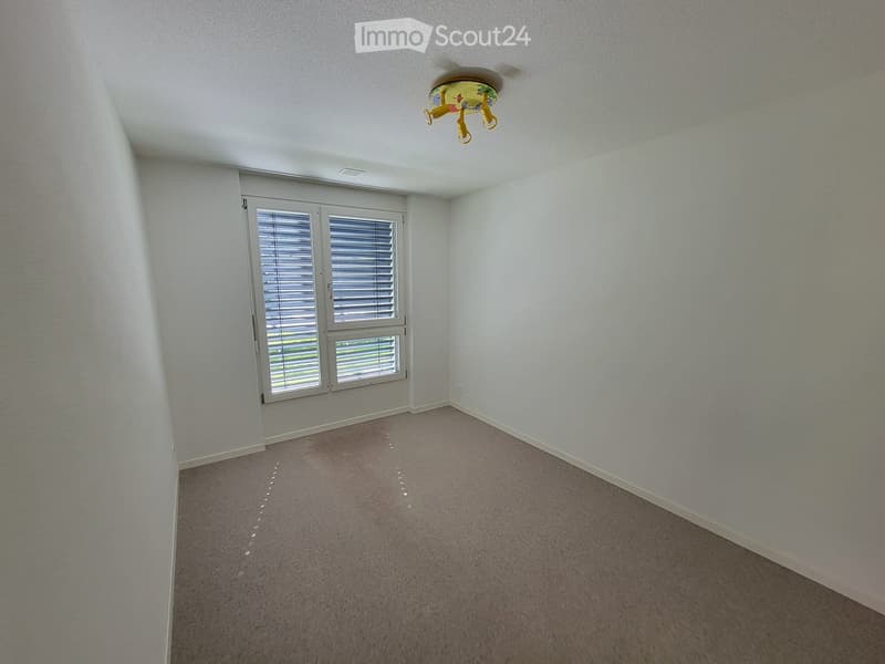 Empty room with beige carpet, white walls, and a large window with blinds. A single ceiling light fixture is visible.