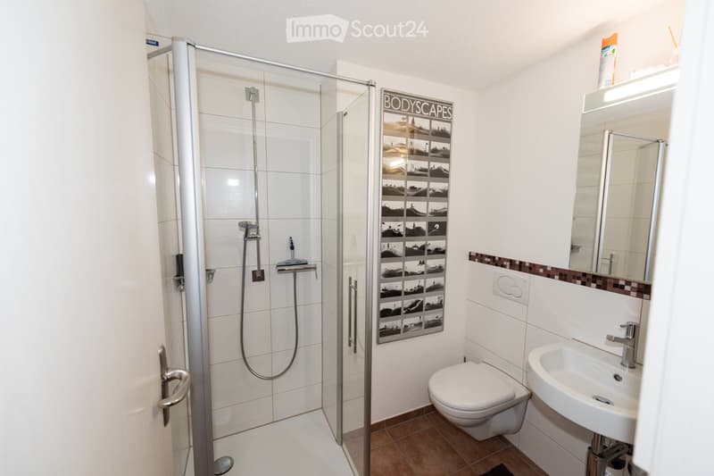 Modern bathroom with a glass-enclosed shower, toilet, sink, and a large mirror. The walls are tiled, and there is a decorative poster on one wall.