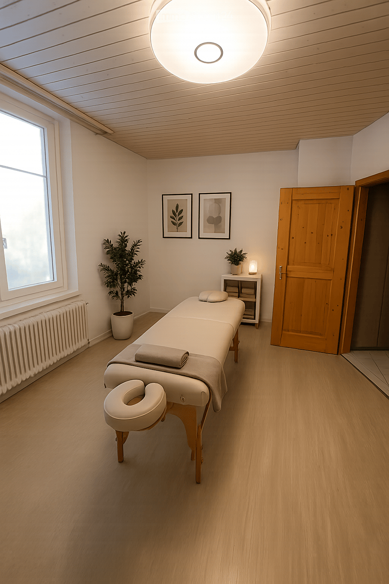 A serene massage room with a wooden floor, a massage table, a small stool, a potted plant, a small table with a lamp, and two picture frames on the wall.