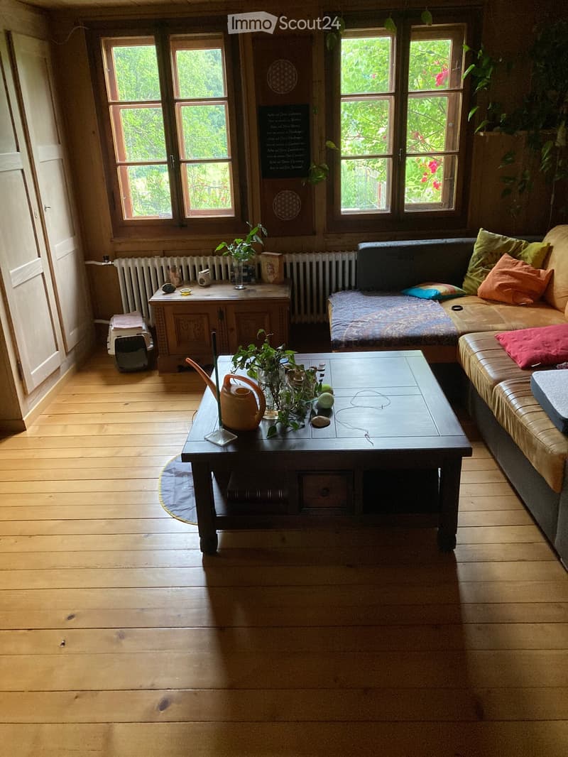 Cozy living room with wooden floors, large windows, a sofa with colorful cushions, a coffee table with a teapot and vase, and a small cabinet with a radiator below the windows.