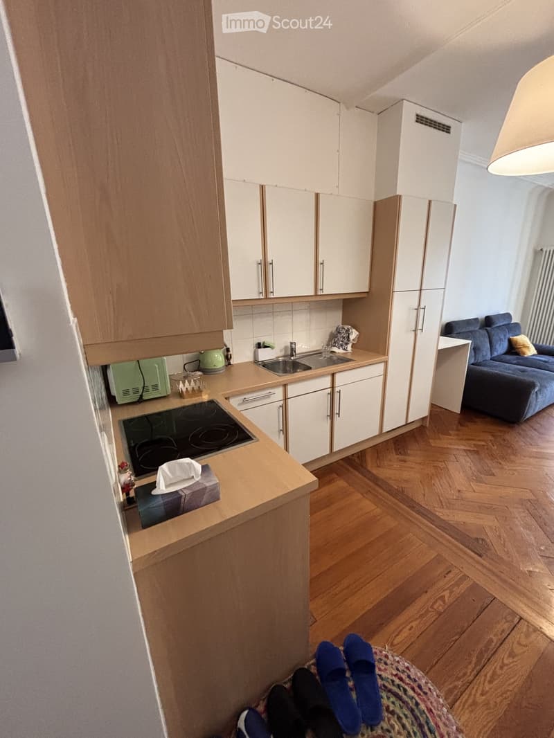 A modern kitchen with white cabinets, a wooden countertop, and a small living area featuring a blue sofa and a small table. The kitchen includes an induction stove, microwave, and sink.