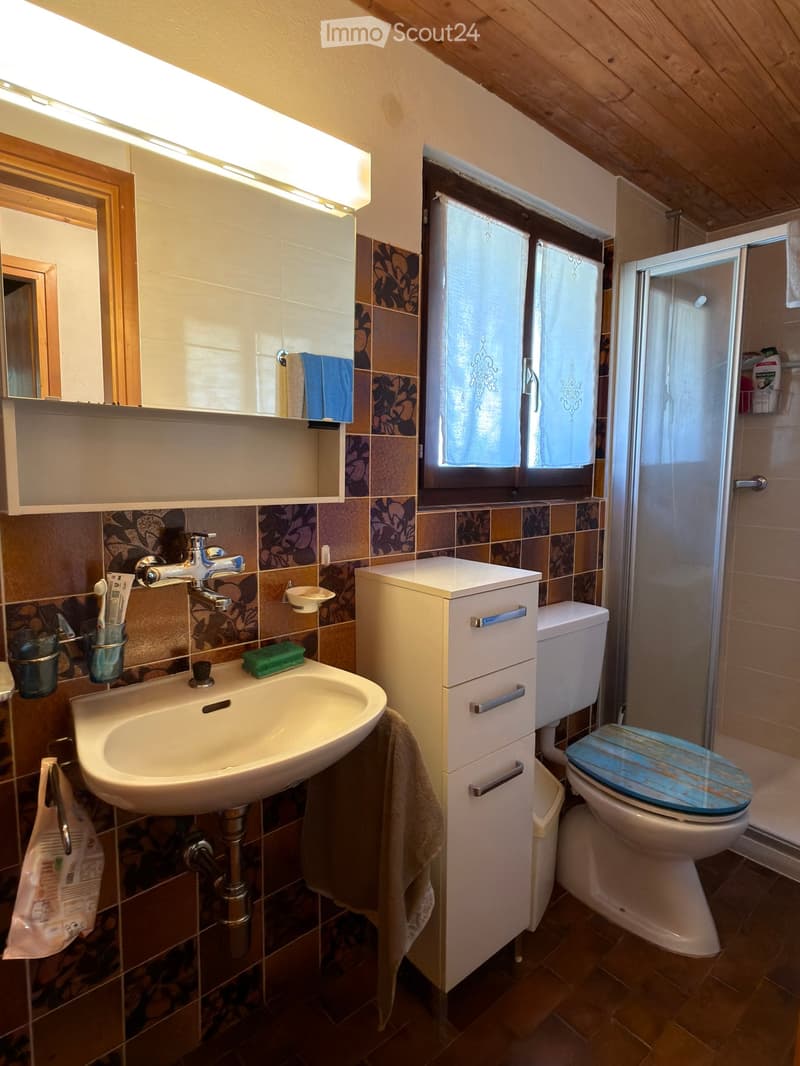 Bathroom with a sink, mirror, cabinet, toilet, and shower. Features tiled walls and a window with a curtain.