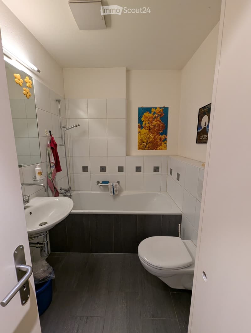 Modern bathroom with a white sink, bathtub, toilet, and mirror. Features dark grey tiles on the floor and lower walls, white upper walls, and a small shelf with a bottle and towel. Includes a framed picture and a shower area with a glass enclosure.