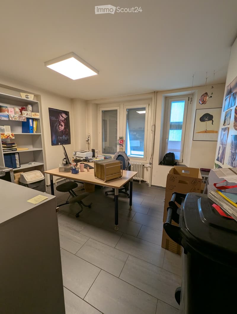 Office space with a desk, chair, shelves, printer, laptop, and various office supplies. The room has large windows, a radiator, and posters on the walls.