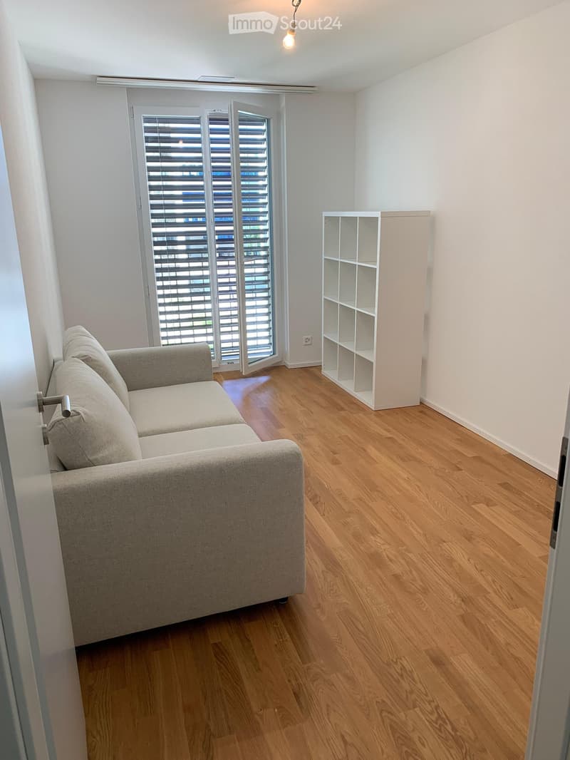 Bright living room with wooden flooring, a grey sofa, and a white shelving unit near the window with blinds.