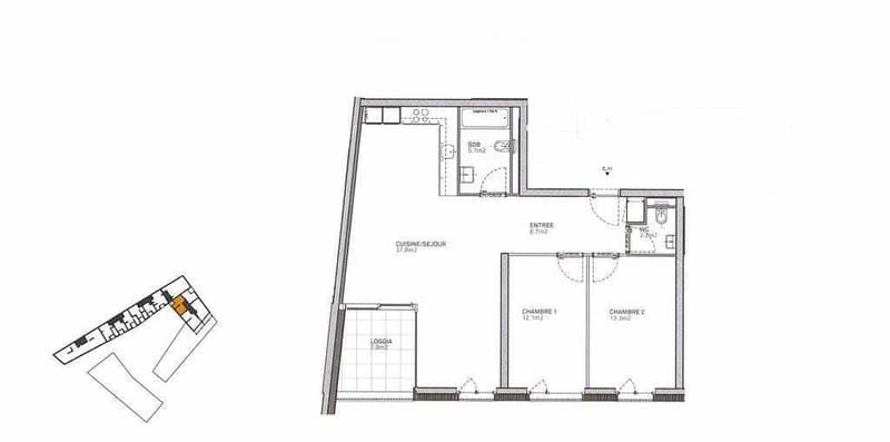 Floor plan of a 2-story house with a kitchen/dining area, two bedrooms, a living room, a bathroom, and a small balcony.