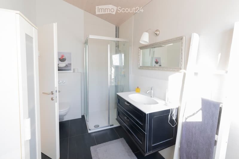 Modern bathroom with a black vanity, white sink, mirror, glass shower enclosure, and a toilet visible through an open door.