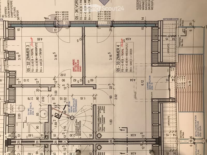 Floor plan showing two bedrooms, a hallway, and a bathroom with labeled dimensions and construction details.
