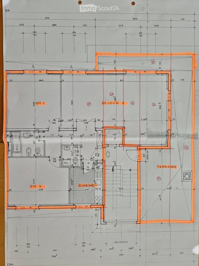 Floor plan showing a living area (SEJOUR), kitchen (CUISINE), three bedrooms (CH. 1, CH. 2, CH. 3), and a terrace (TERRASSE). Dimensions and measurements are indicated throughout.