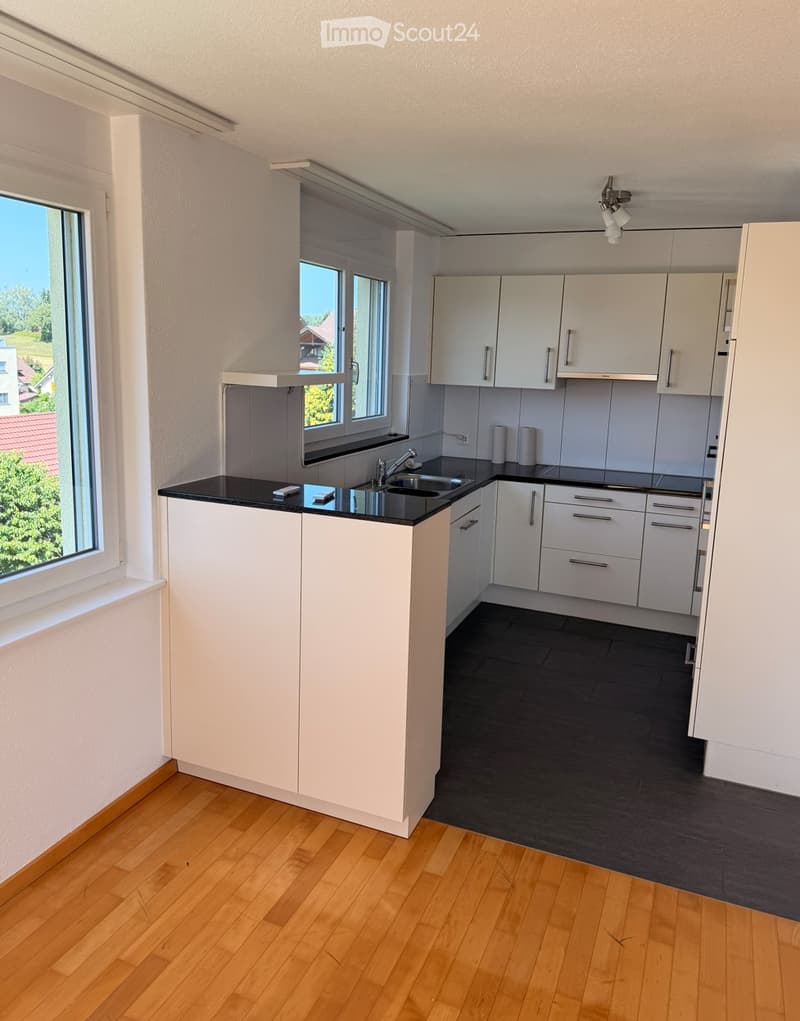 Modern kitchen with white cabinets, black countertops, and a wooden floor. Features a sink with a faucet, and built-in storage cabinets and drawers.