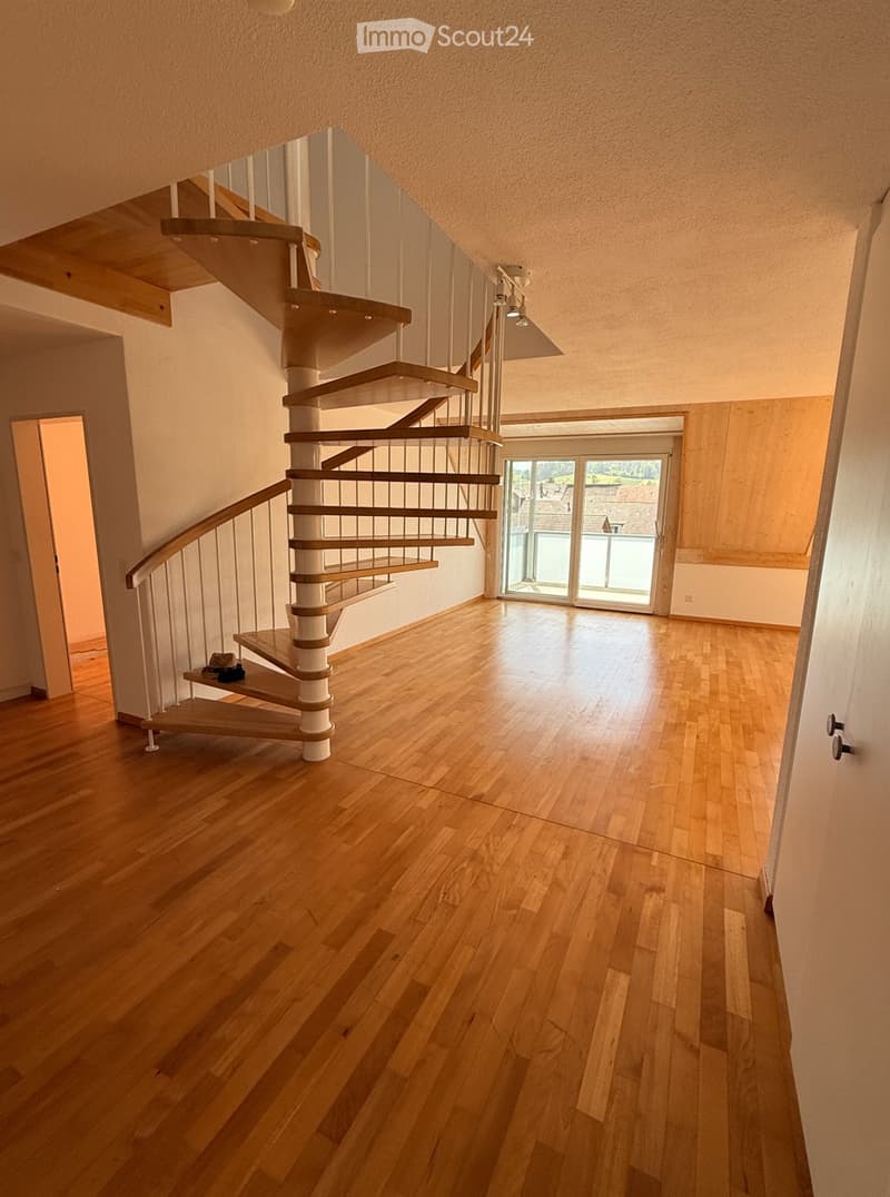 Spacious hallway with wooden flooring, a modern spiral staircase, and large glass doors leading to an outdoor area.