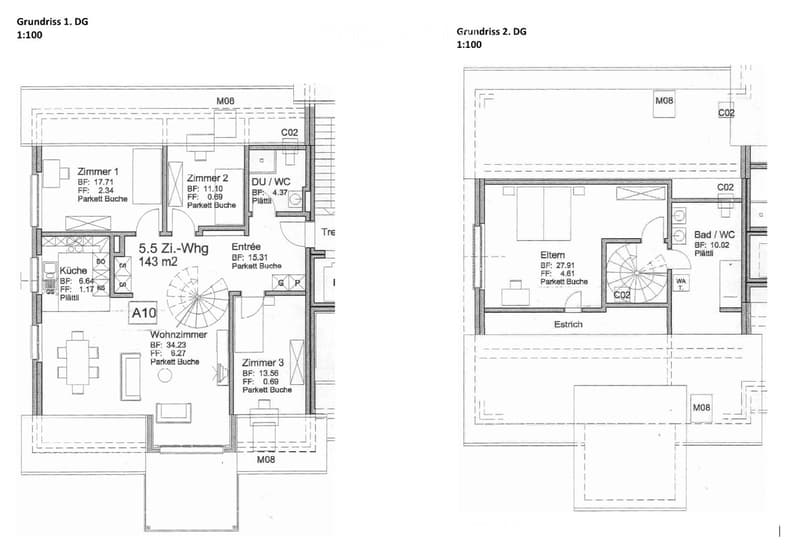 Floor plan of a 5.5-room apartment on the first floor and a 2-room apartment on the second floor, including living room, kitchen, bedrooms, bathrooms, and entrance.