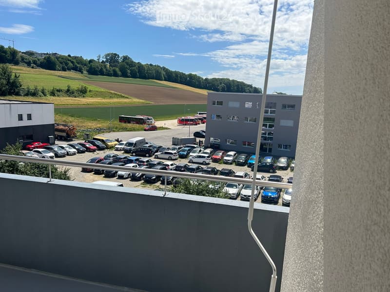 View from a balcony showing a parking lot with numerous cars, a modern building, and a rural landscape with fields and trees in the background.