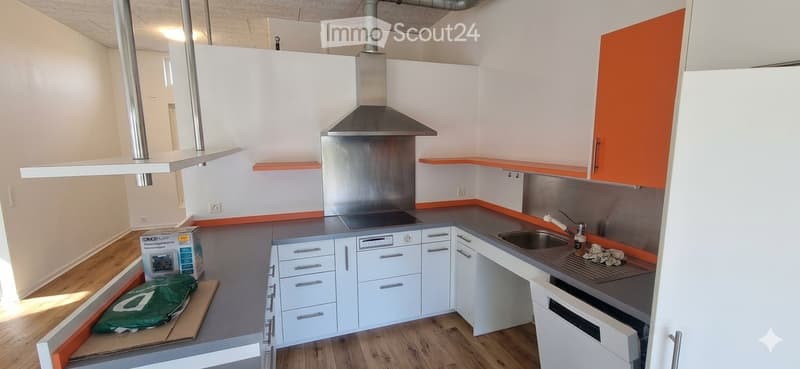 Modern kitchen with white cabinets, stainless steel appliances, and a central island. Features include a sink, faucet, dishwasher, and range hood.
