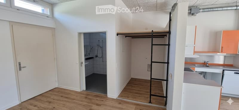 Modern, minimalist house interior with wooden flooring, white walls, and multiple rooms including a bathroom, closet, and kitchen area.