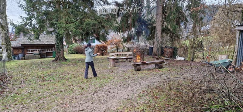 Outdoor garden area with wooden benches, a fire pit, a wheelbarrow, and a small wooden shed. A person and a dog are present.