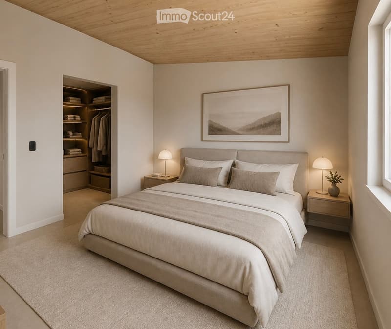 Modern bedroom with a large bed, nightstands, lamps, a picture frame on the wall, and a built-in wardrobe.