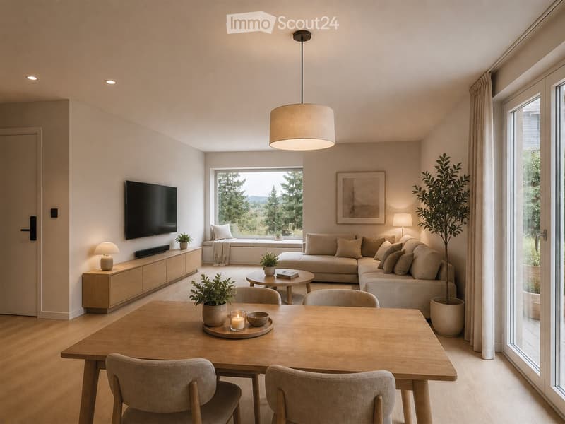 Modern living and dining area with a large window offering a scenic view, featuring a sectional sofa, coffee table, dining table with chairs, and decorative lamps.